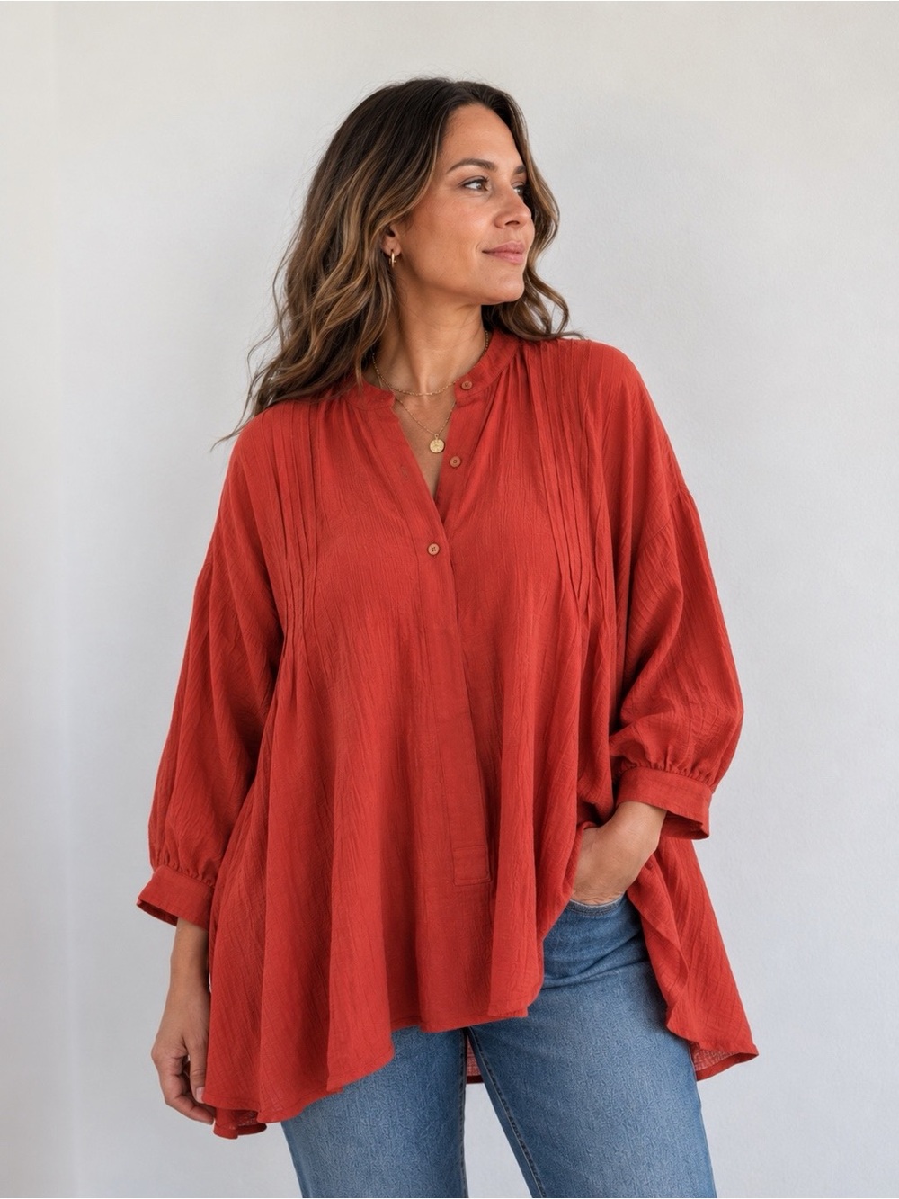 Noflik NWT 100% Cotton Relaxed Oversized Half Button-Up Tunic Top Size M